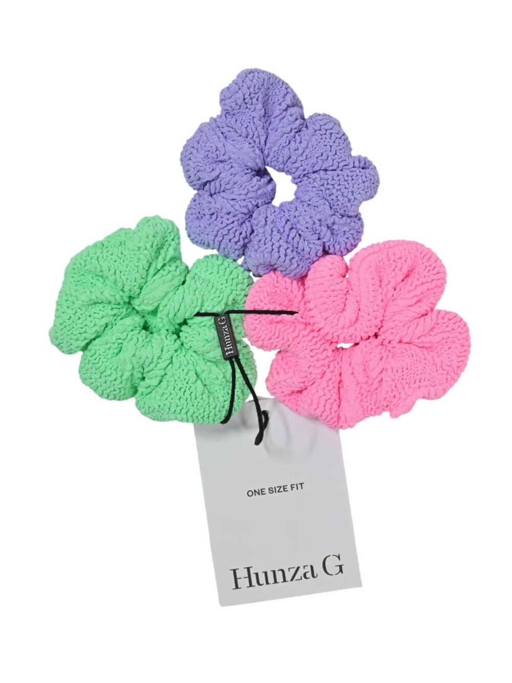Hunza G three-pack scrunchies in Bubblegum Lime Lilac